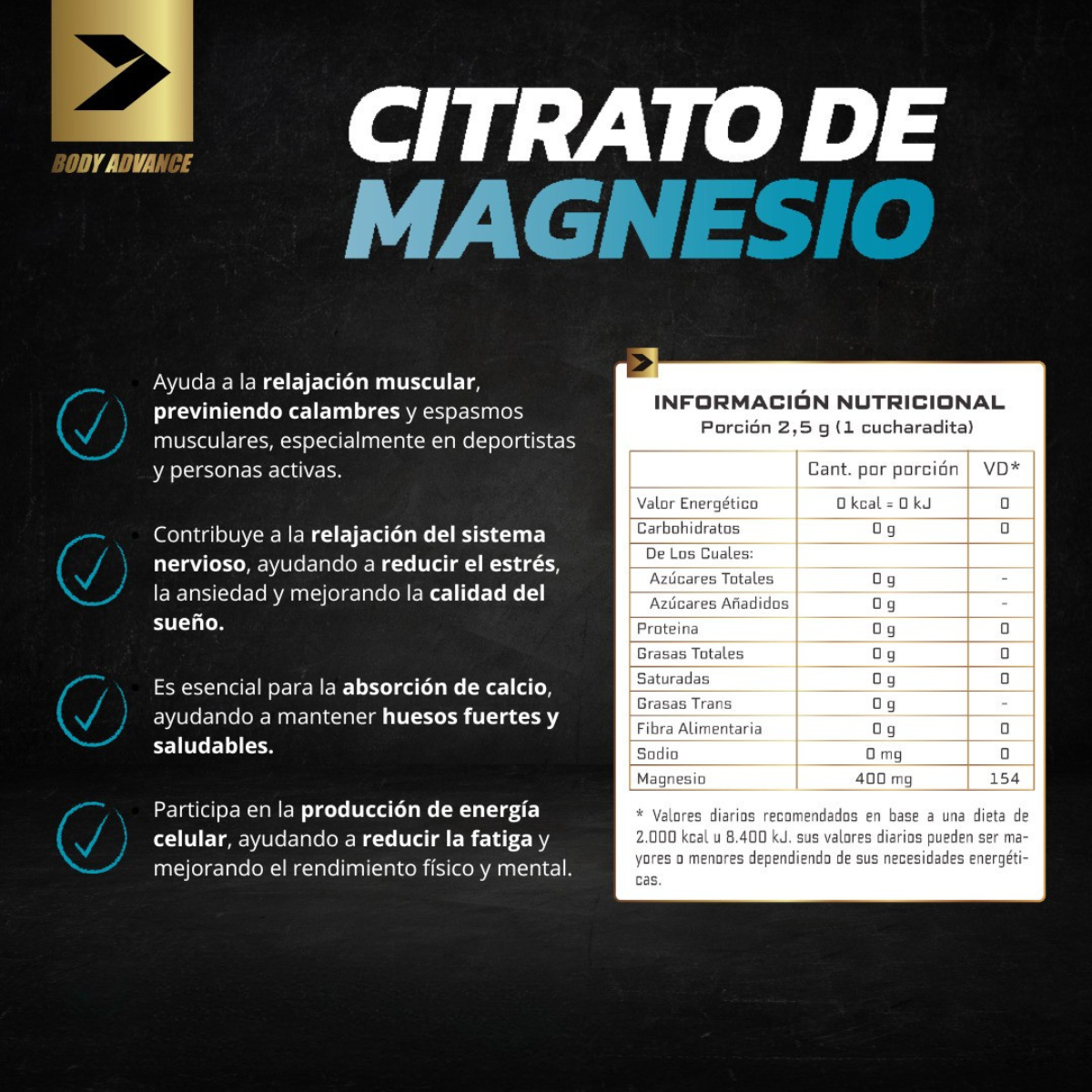 Citrato de magnesio en polvo Body Advance